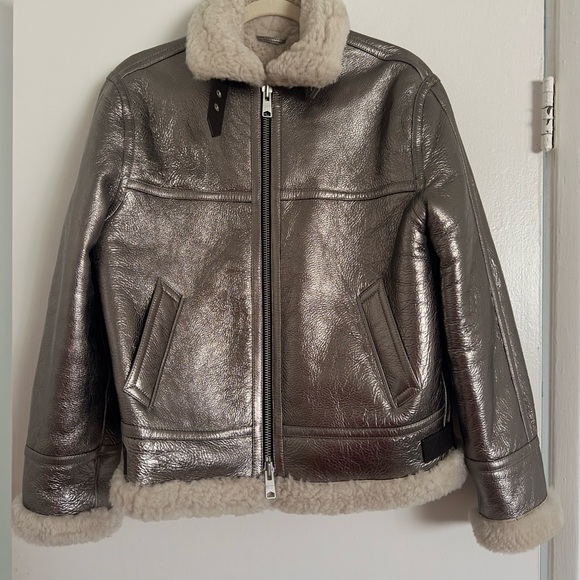 NWT AllSaints Silver Lorel Shearling Jacket Medium – Metallic Luxe Statement - Picture 7 of 15